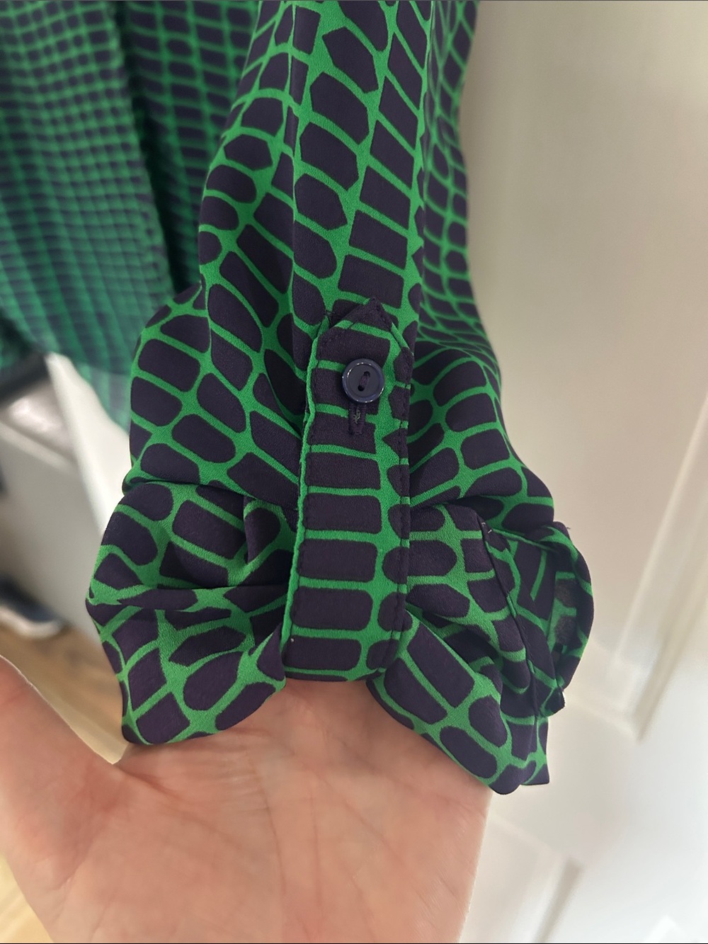 The Limited Ashton Green and Navy Geometric Button-Down Blouse - Picture 7 of 7
